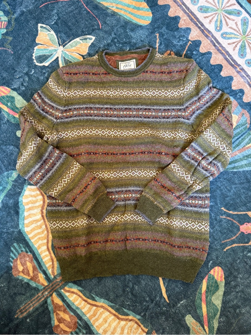 Jos. A. Bank Olive Fair Isle Crewneck Sweater with Multicolor Stripes